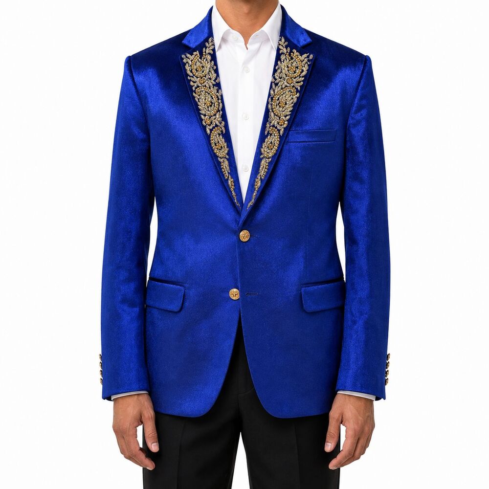 Mens 42R Royal Blue Velvet Blazer Hand Embroidered Paisley Wedding Tuxedo Groom